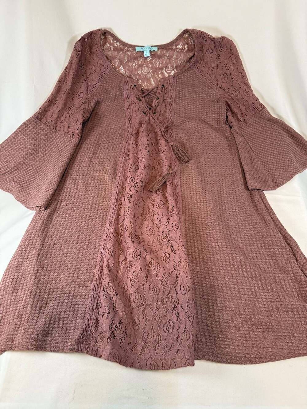 She + Sky Women’s Lace Tassel Blouse Size S Mauve Waffle Knit Dress Boho Coquett
